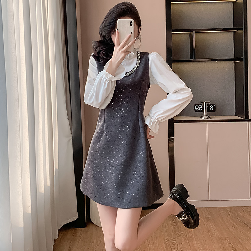 实拍高级感气质亮闪闪背心连衣裙女春季2025拼接花边领衬衫两件套