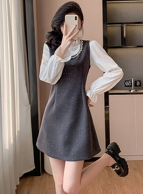 实拍高级感气质亮闪闪背心连衣裙女春季2025拼接花边领衬衫两件套