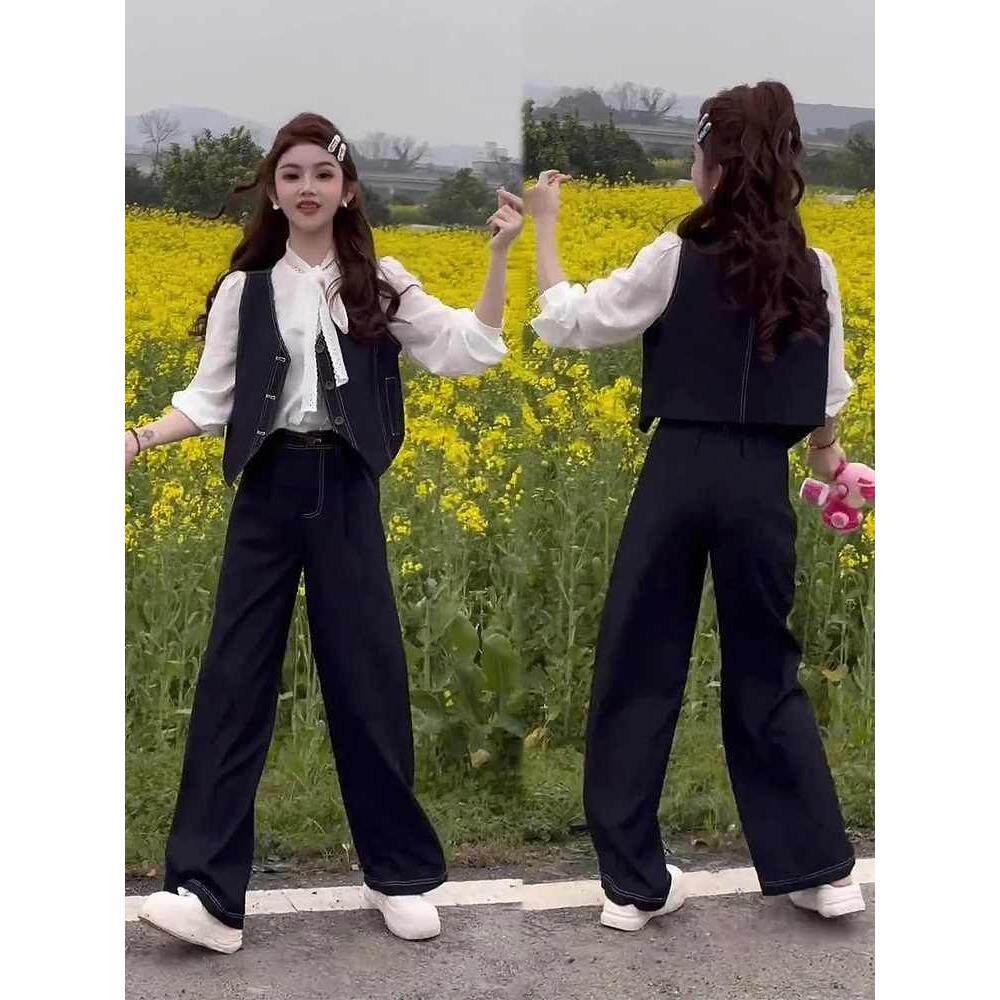 法式蝴蝶结绑带白色上衣高腰显瘦阔腿裤不规则马甲三件套女春季