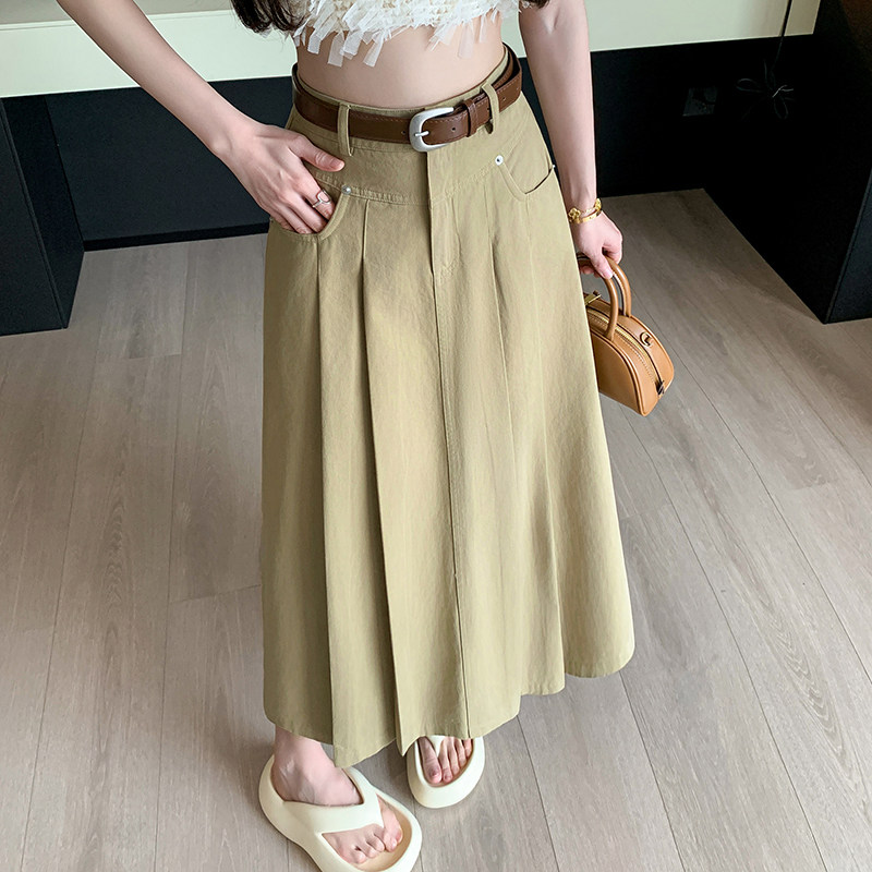 中长款半身裙女2026春夏新款高腰A字大摆OL过膝牛仔伞裙百褶长裙
