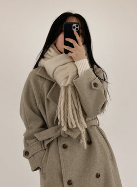现~韩国chic复古气质翻领双排扣系带收腰中长款毛呢外套呢子大衣