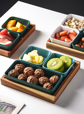 日式实木果盘家用客厅分格盘相思木托盘绿色陶瓷小吃果盘围炉煮茶