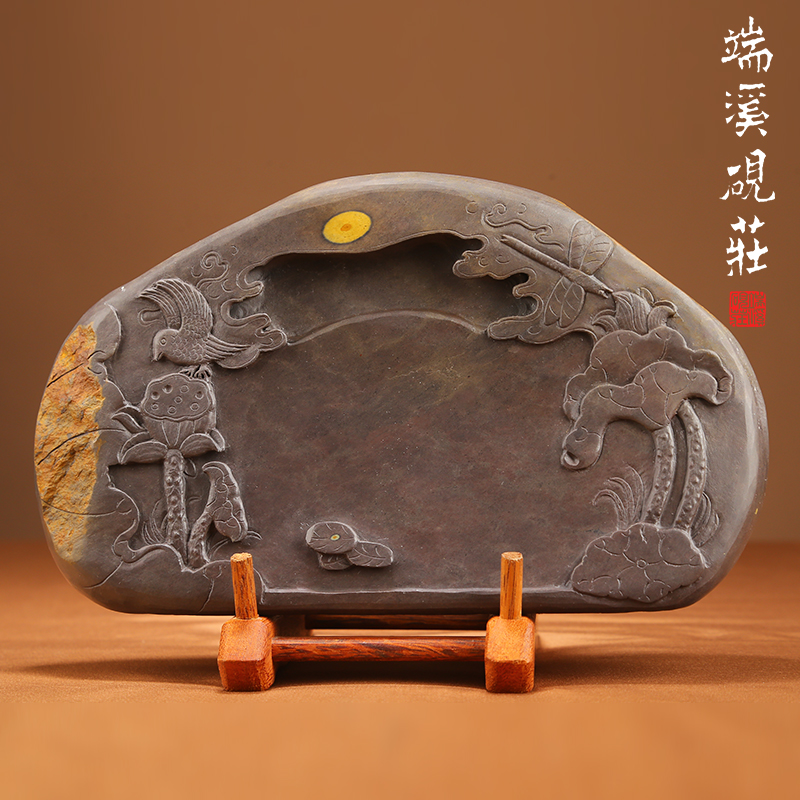 端溪 砚台原石天然梅花坑手工作品荷塘美景砚送礼收藏肇庆端砚