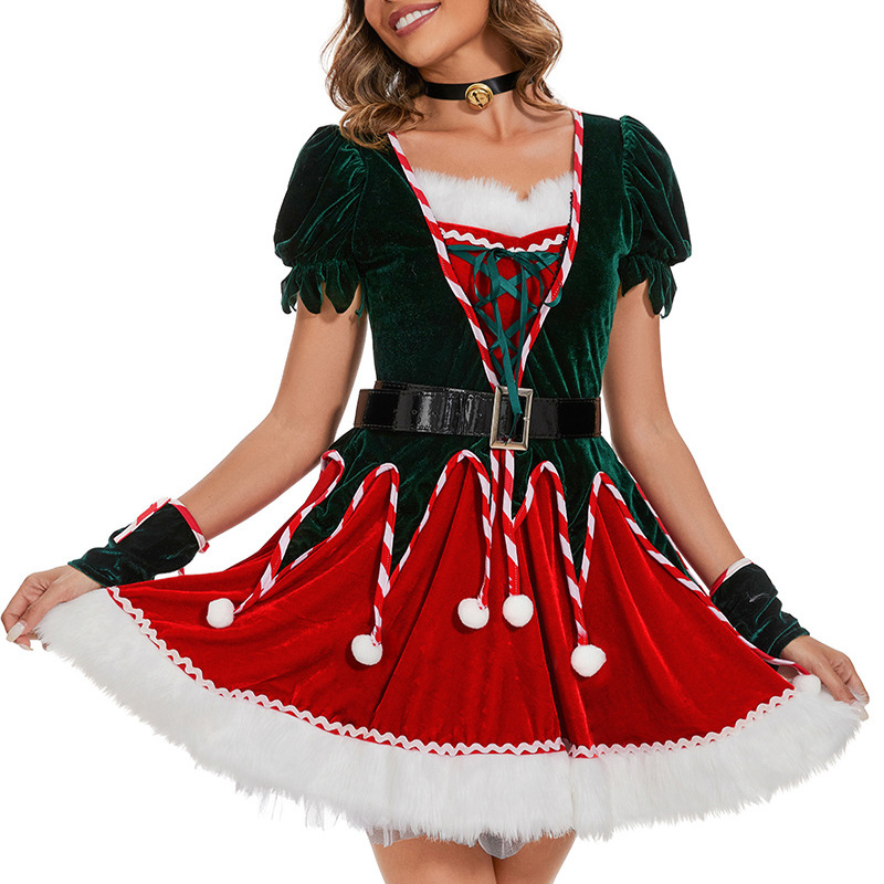 圣诞节绿色精灵装毛绒绿裙w794