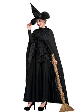 2022万圣节含黑披风巫婆演出服 欧美纯黑色女巫装大码 witch cos