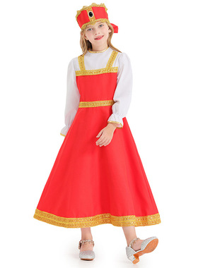 2025儿童异域风长裙 俄民族表演服 红色长裙假两件俄罗斯传统服装