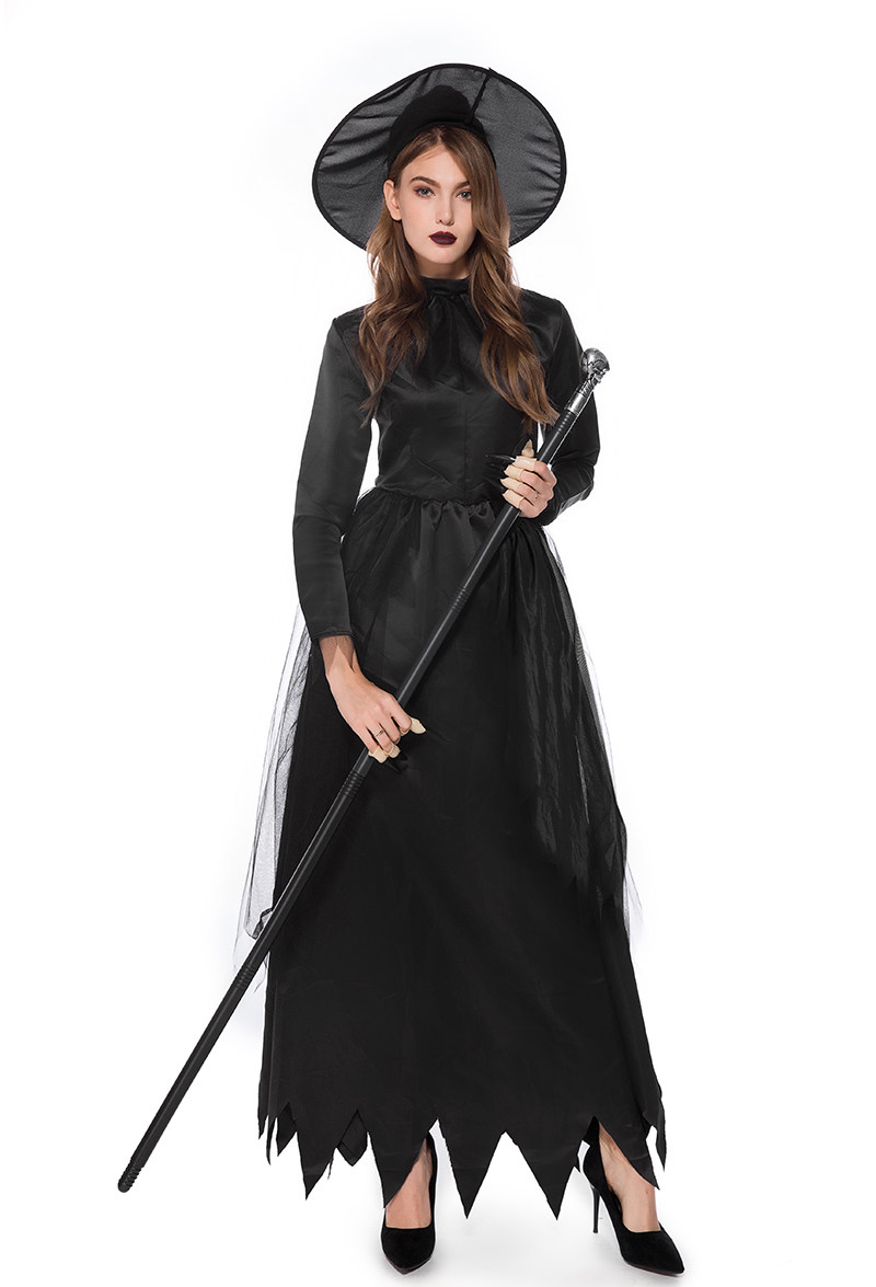 万圣节巫婆恶魔装地狱女巫吸血鬼长袍黑色幽灵长裙女巫cos服大码