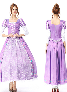 万圣节大码公主裙礼服紫色大码cos角色扮演 长发公主裙成人演出服