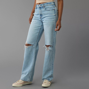 女宽松显瘦磨破洞直筒裤 AEO美国鹰 浅蓝高腰无弹牛仔裤 新款 潮 秋款