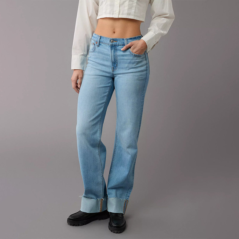 AEO美国鹰 秋季新款高腰弹力牛仔裤女宽松显瘦折边直筒阔腿裤潮,女装/女士精品,牛仔裤,淘宝优惠券,粉丝福利购,淘宝优惠卷