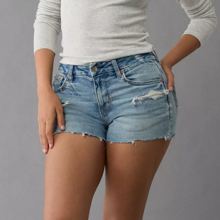 AEO 美国鹰2025夏款蓝色高腰弹力修身磨破洞牛仔短裤热裤女潮