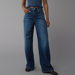 美国鹰 AEO秋季新款蓝色超高腰弹力牛仔裤女宽松显瘦阔腿直筒裤潮