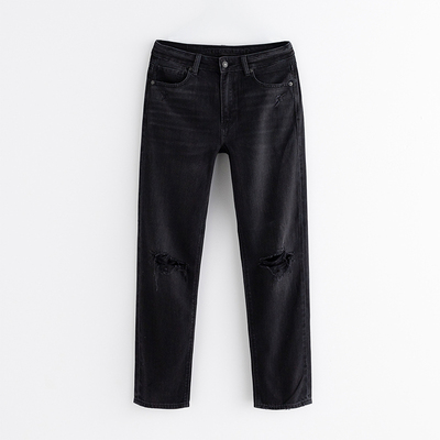 AEO 美国鹰秋季新款黑灰高腰无弹牛仔裤女宽松显瘦破洞直筒裤潮