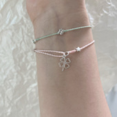 S925纯银四叶草手链马卡龙色系可调节多色手编绳