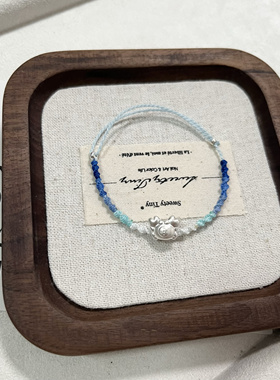 纯银蓝色小螃蟹手链可调节送闺蜜礼物清冷感简约极细白色手编绳