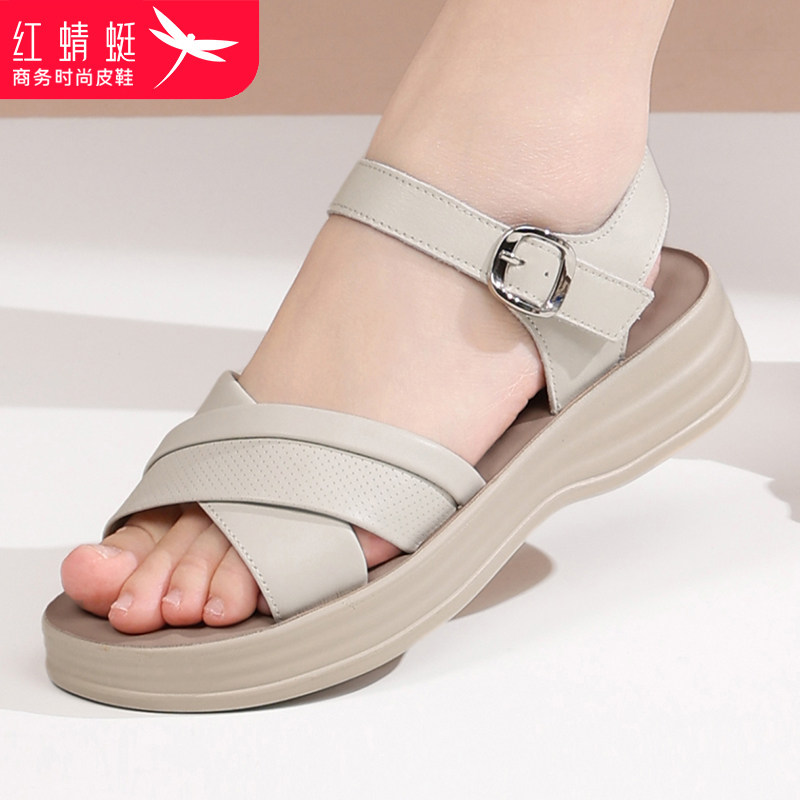 红蜻蜓女鞋女士平底凉鞋女款2026新款夏季真皮软底牛皮夏天妈妈鞋