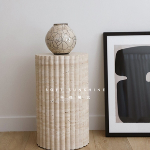 黄洞石开槽圆柱体雕塑台电视柜落地摆件底座酒店客厅装 饰展示柱子