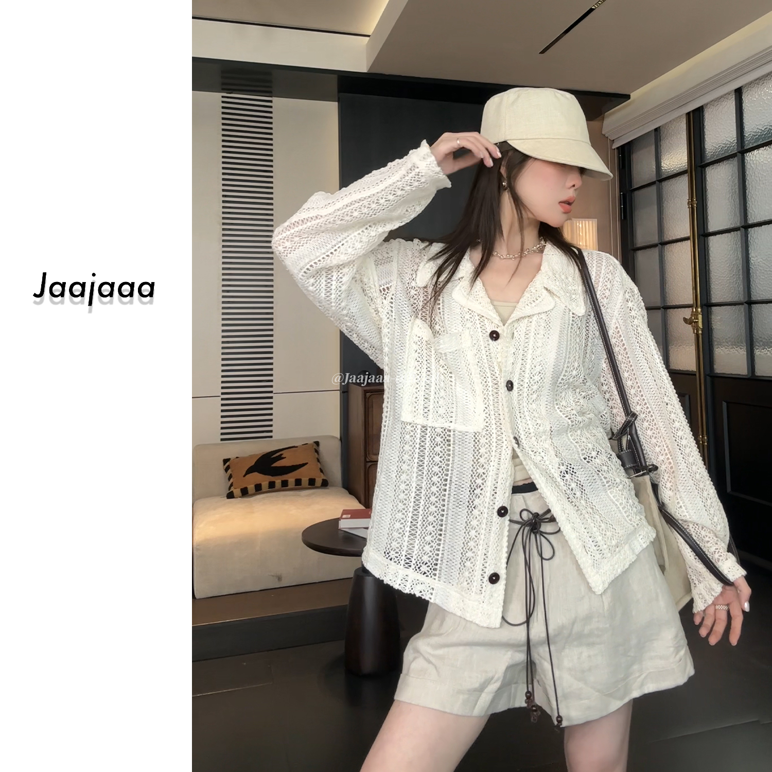 Jaajaaa云紗經(jīng)緯  設計感顯瘦時尚減齡鏤空長袖翻領(lǐng)防曬開衫/AEAH