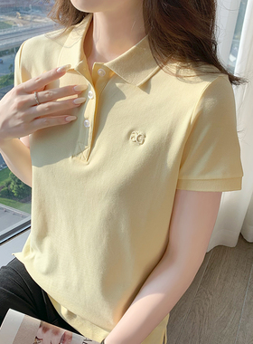 刺绣polo衫女春夏新款短袖翻领纯棉正肩t恤修身大码团体服工装有