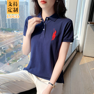 刺绣短袖polo衫女夏季翻领t恤新款珠地棉加大码胖MM工装职业团体