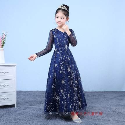 新款女童晚礼服公主裙儿童音乐会钢琴演出礼服长款长袖舞台表演
