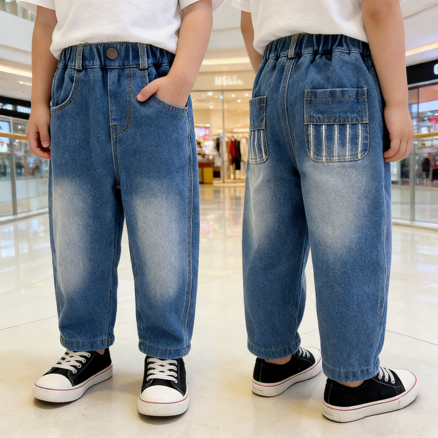 男童牛仔裤春秋新款韩版条纹休闲裤中小儿童宽松裤子时尚做旧复古