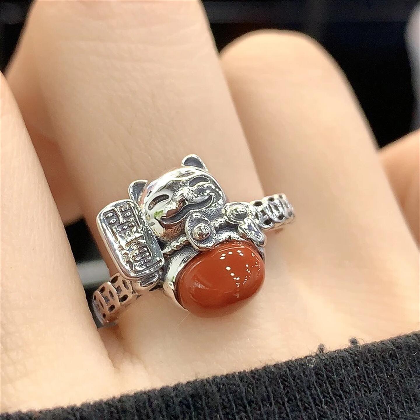 S925银招财猫戒指女纯银复古做旧南红蛋面新年红猫咪小众设计指环