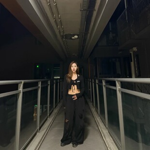 男女同款 街舞爵士 破洞烫钻字母宽松休闲卫裤 KIMMING金大铭同款