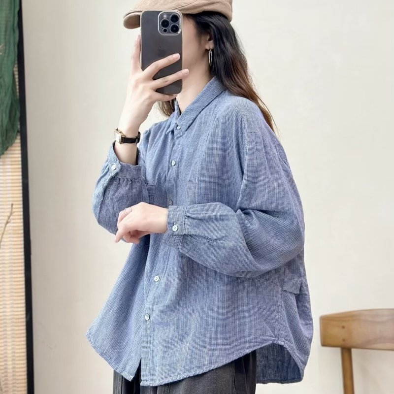 2025秋季新款千鸟格子纯棉衬衫宽松大码大版女休闲衫长袖百搭外套