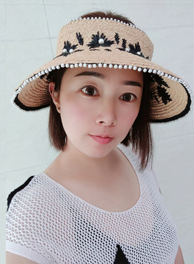 hakuzu防晒手工拉菲草空顶草帽女