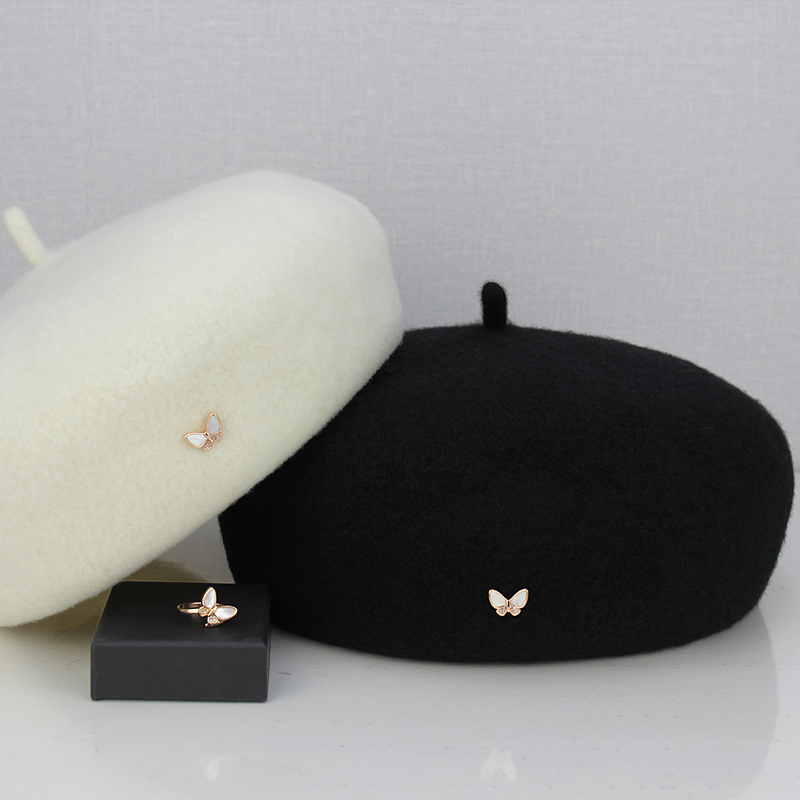 HAKUZU闺蜜贝母蝴蝶戒指同款羊毛贝雷帽女秋冬时尚个性画家帽韩版