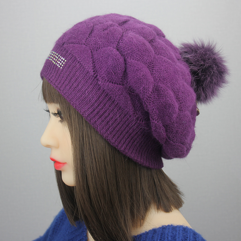 hakuzu紫色兔毛针织帽 韩版潮时尚毛球秋冬季保暖帽子 女式毛线帽