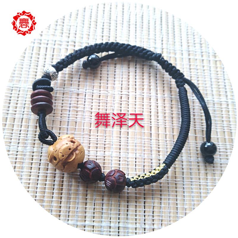 野生桃核 立体手工雕刻小福猪紫檀99银手工银转运珠生肖手链