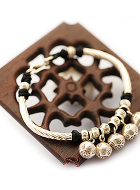 合欢铃手工纯银老银三五个铃铛转运珠弯管黑绳手镯幸运铃铛 女款