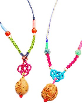 天然毛桃核雕刻生肖马 鼠中国结精编母子母女对项链 羊12十二生肖