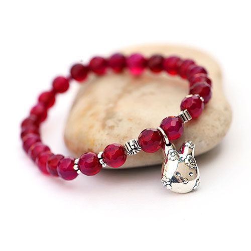 玫红玛瑙925纯银立体生肖兔手链 鼠虎龙蛇羊猴鸡狗猪