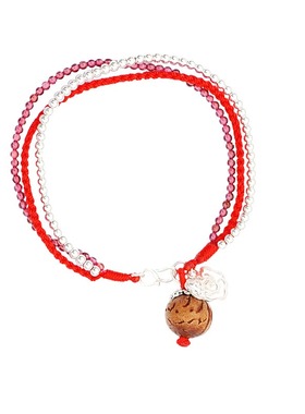 三生红绳 银转运珠很细石榴石三层长命锁桃核手链 姻缘生日礼物