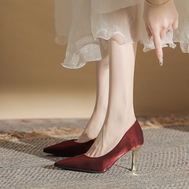 红色婚鞋女婚纱秀禾两穿新娘鞋2025年新款绸缎性感法式宴会高跟鞋