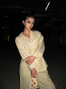 Maddy 慵懒风条纹长袖睡衣女春秋款可外穿开衫长裤家居服大码套装