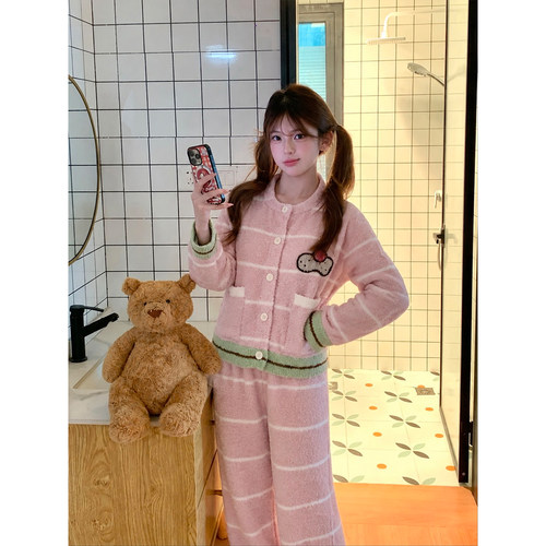 少女甜美粉条纹半绒开衫睡衣套装