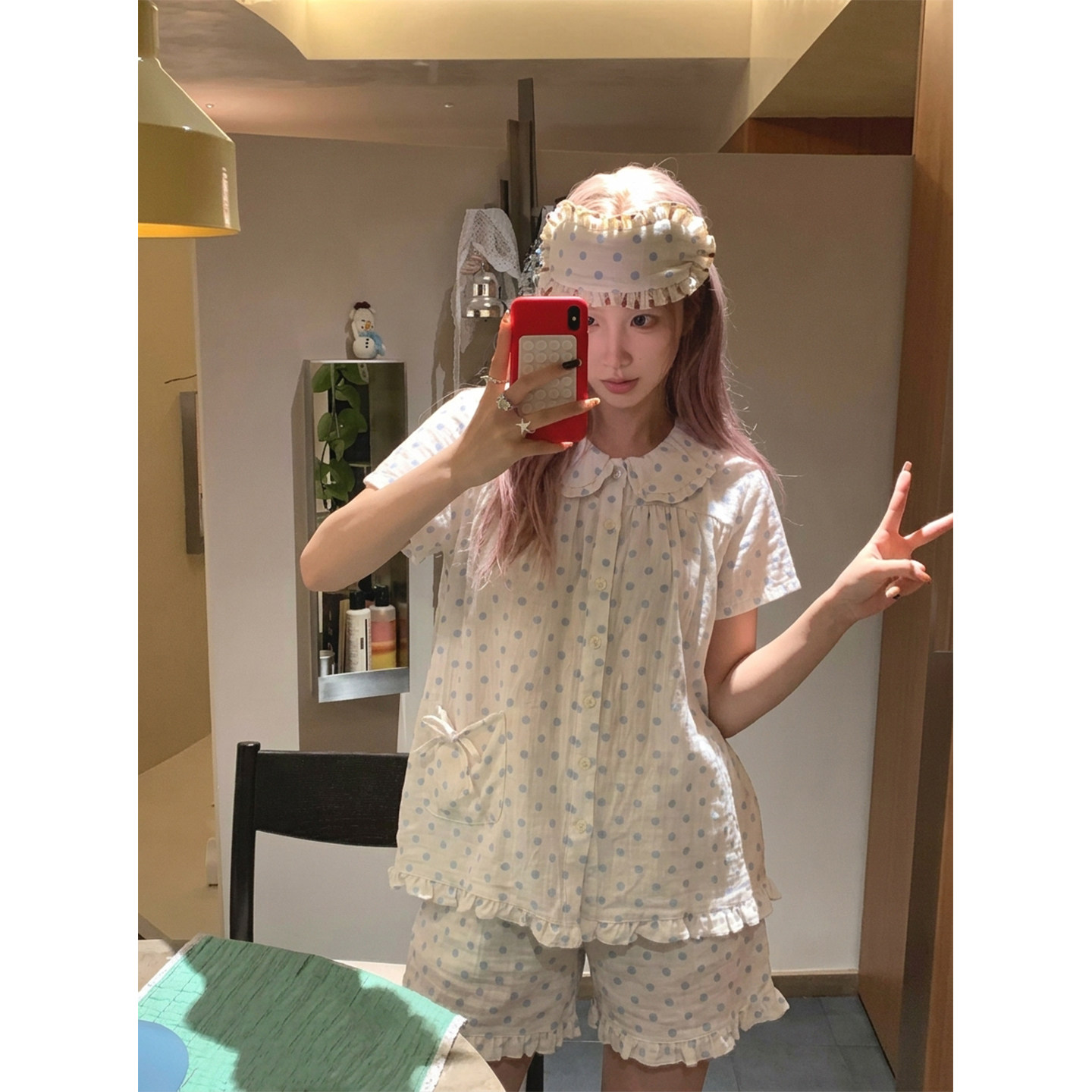 甜美复古波点娃娃领睡衣家居服