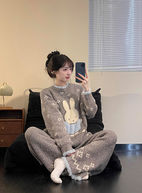 韩系兔子半边绒保暖睡衣套装女