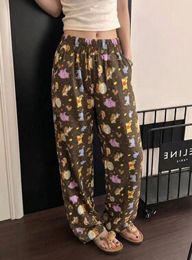 复古深咖色卡通印花阔腿睡裤女夏季款高腰宽松长裤家居裤子可外穿