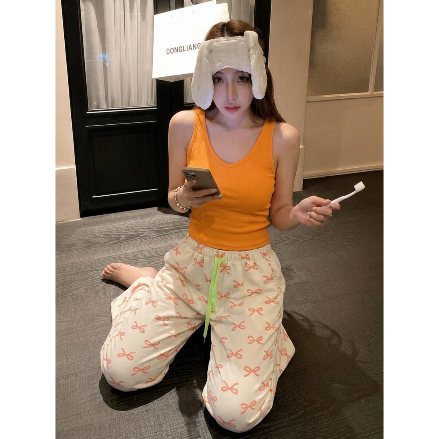 橙色蝴蝶结印花吊带睡衣女夏季带胸垫多巴胺大码长裤家居服两件套图片