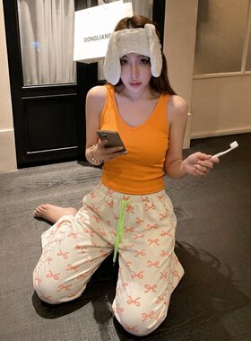 橙色蝴蝶结印花吊带睡衣女夏季带胸垫多巴胺大码长裤家居服两件套