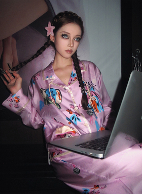 Maddy 纯欲轻奢风高级卡通印花冰丝睡衣女春秋款可外穿家居服套装