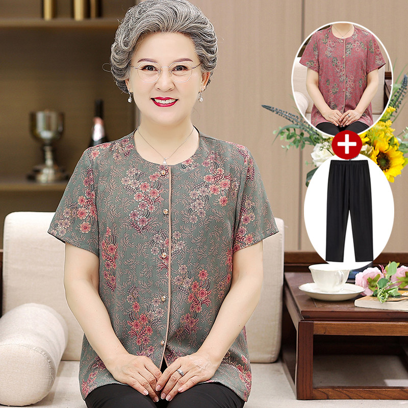 奶奶夏装短袖雪纺衬衫中老年人妈妈T恤套装女60岁70老人太太衣服