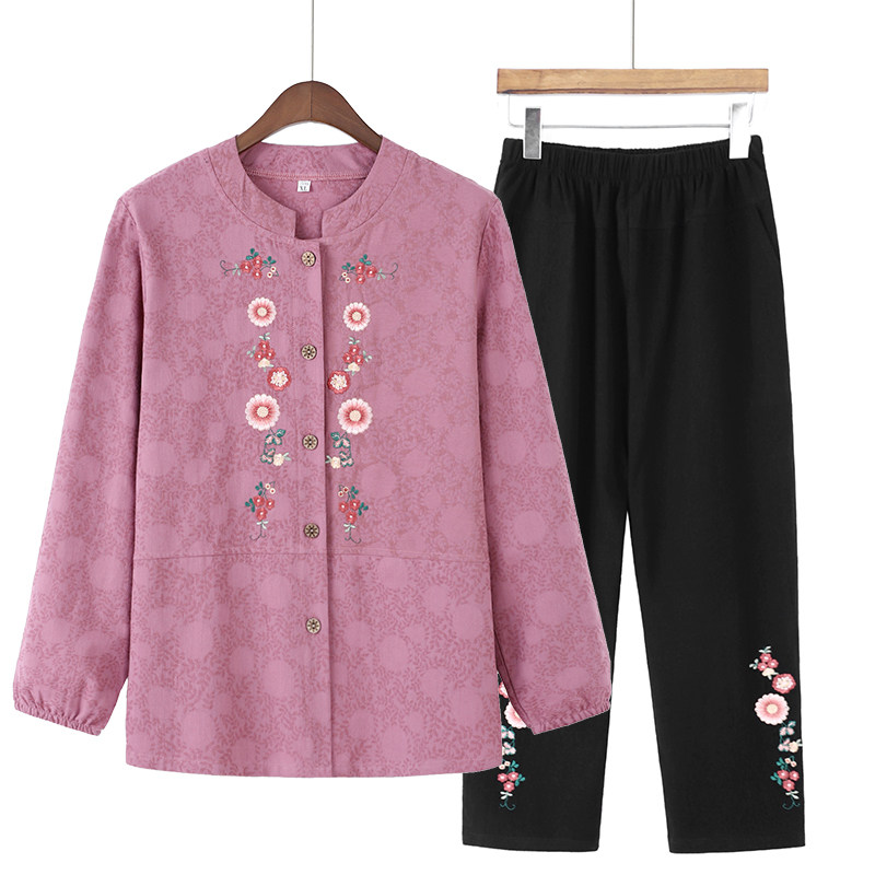 老年人春装女纯棉老人衣服奶奶长袖衬衫全棉绣花春夏妈妈夏季套装