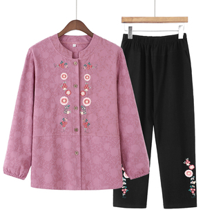 老年人春装女纯棉老人衣服奶奶长袖衬衫全棉绣花春夏妈妈夏季套装