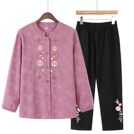 老年人春装女纯棉老人衣服奶奶长袖衬衫全棉绣花春夏妈妈夏季套装